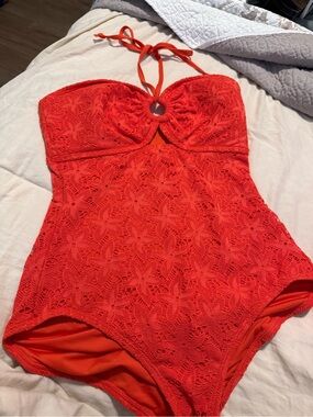 Strapless Crochet One-Piece Swimsuit in Bright Orange/coral